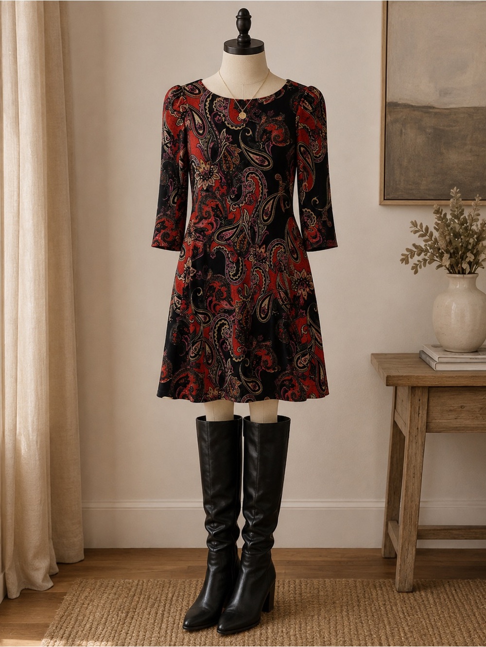 Jessica Howard Red and Black Paisley Fit-and-Flare Dress
